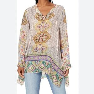 Johnny Was Semi Sheer Flowy Tunic Long Sleeve Blouse Colorful Hippie Boho